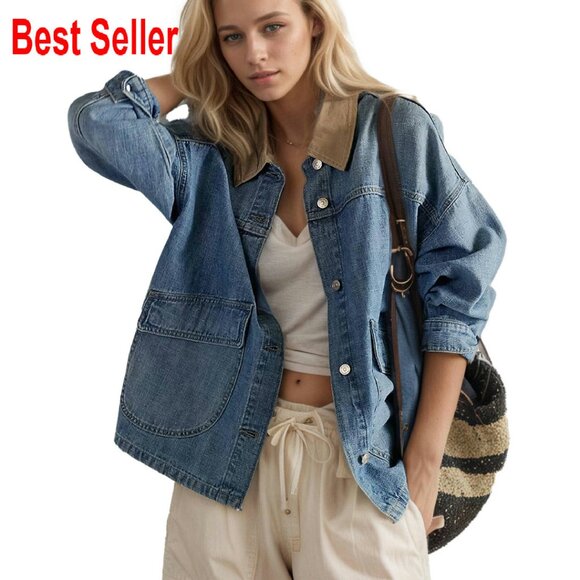 Oversized Denim Barn Jacket Button Down Coat with Pockets Chic Retro